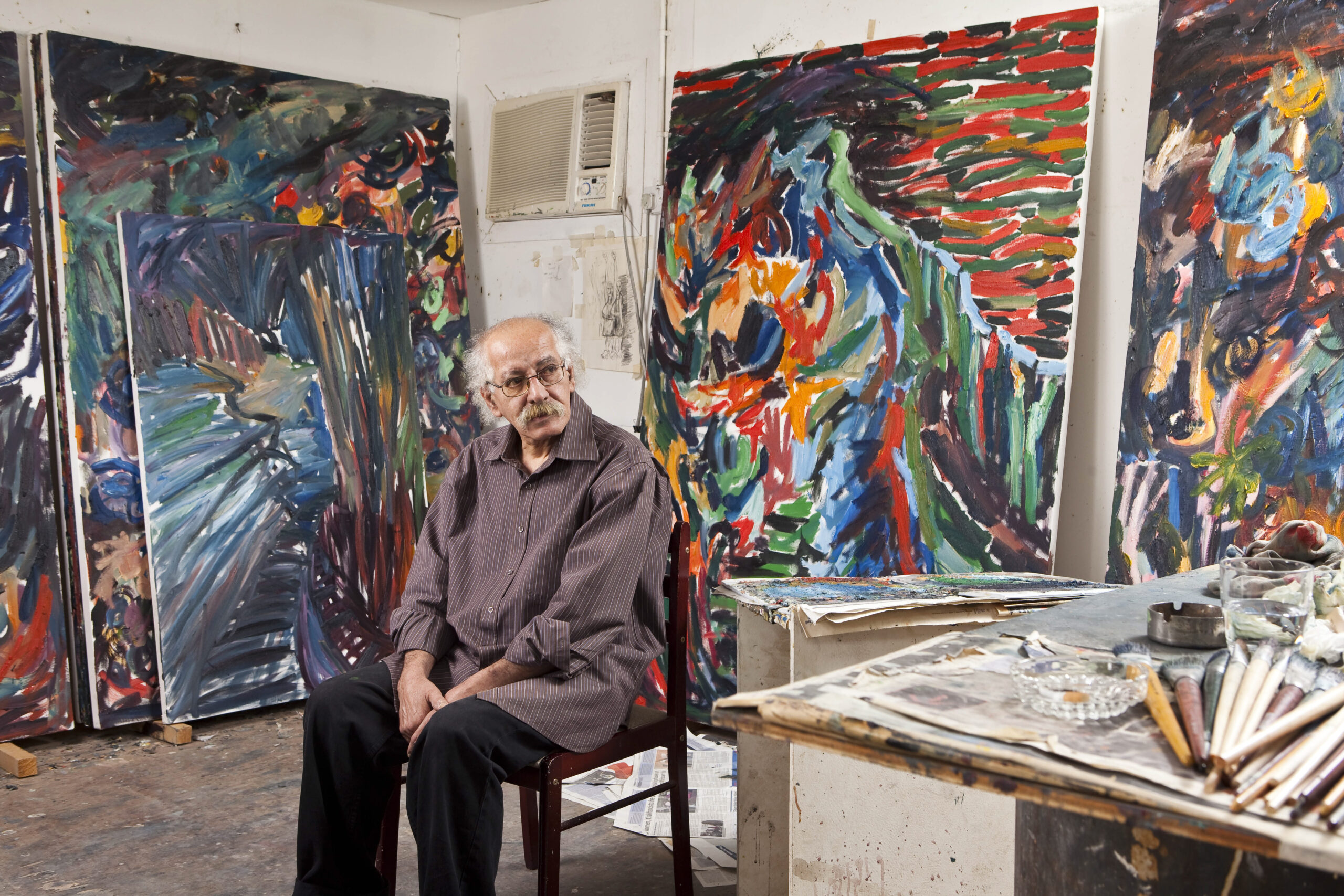 April 15. Interview with Emirati artist Hassan Sharif. Photographed in his painting studio at The Flying house in Al Quoz. April 15. Dubai, United Arab Emirates. (Photo: Antonie Robertson/The National)