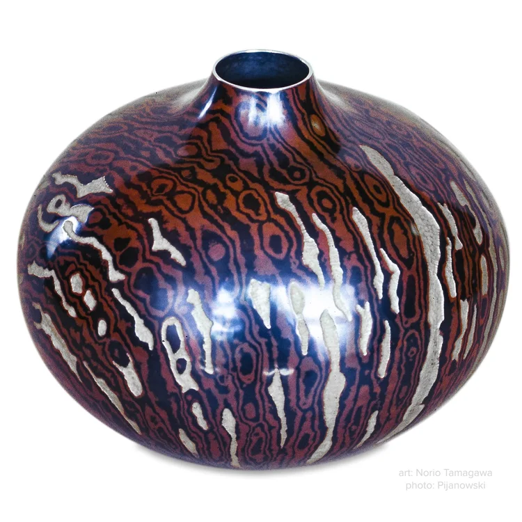 Mokume-Vessel-in-Copper-Silver-and-Shakudo-by-Norio-Tamagawa