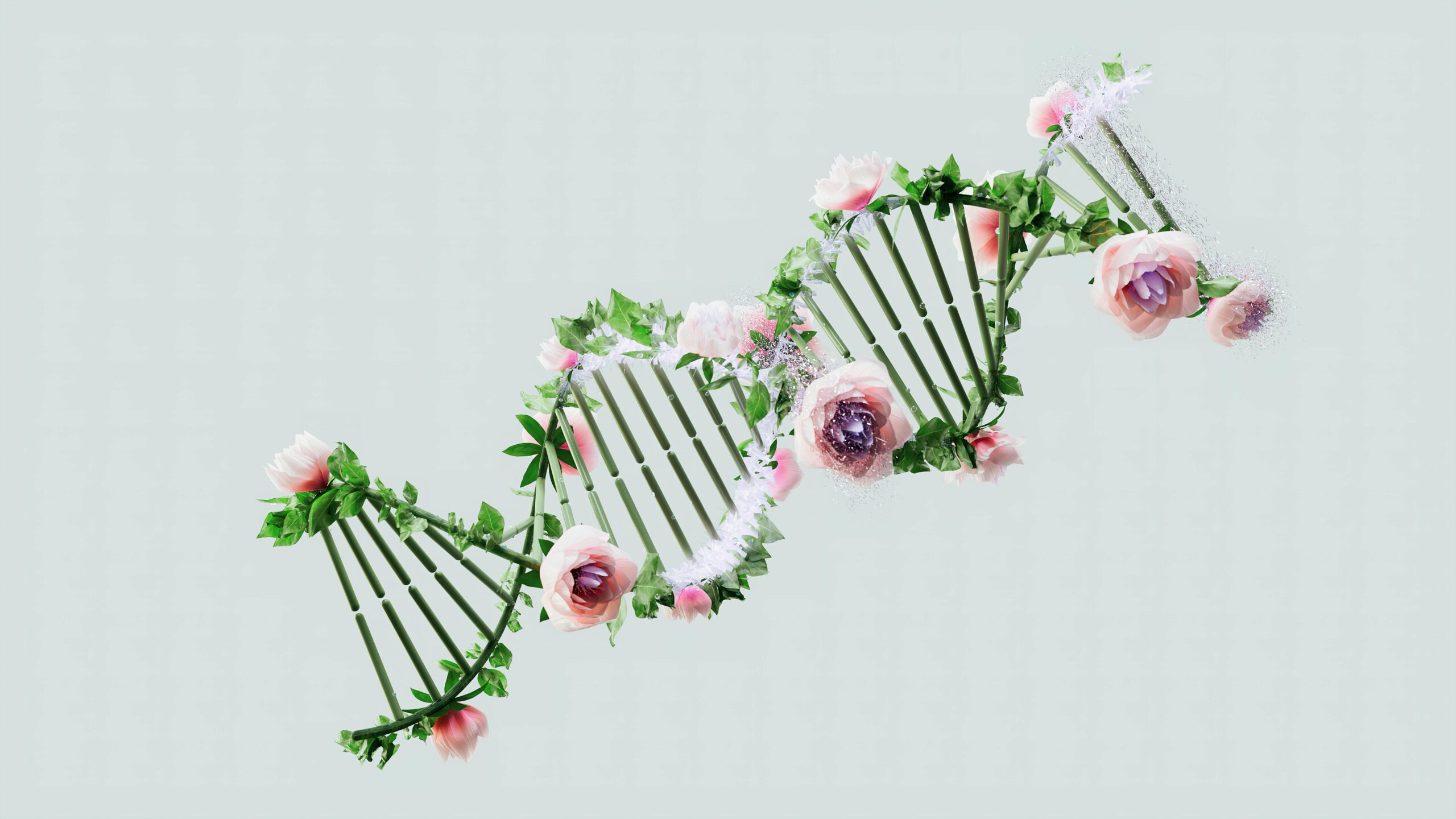 Artistic representation of a DNA helix intertwined with flowers and green leaves.