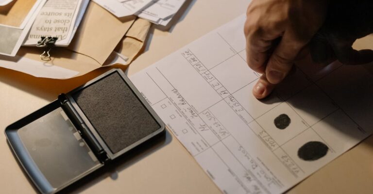 Detailed view of a hand taking fingerprints on a document with ink pad on desk.